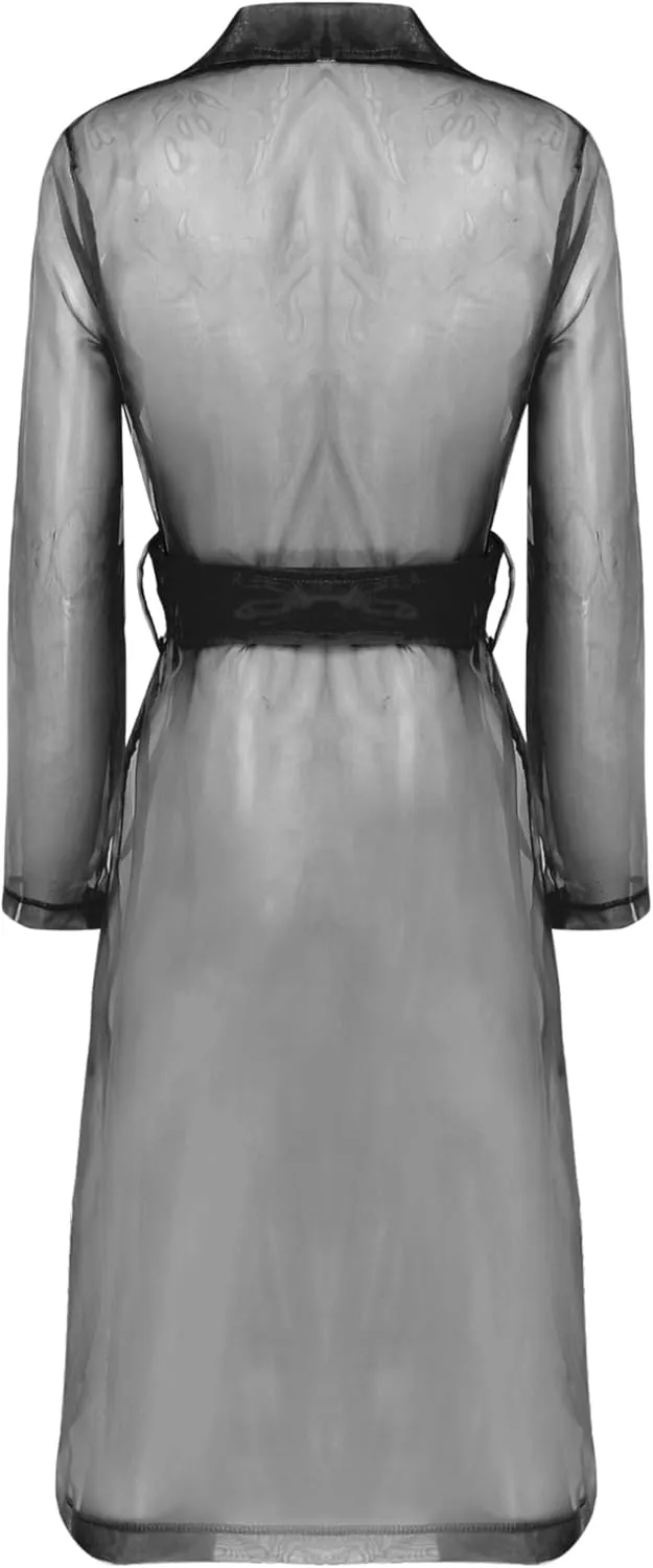 JEYPINMI Womens Long Sleeves Notch Lapel Double-Breasted Thin Mesh Long Organza Jackets Casual Trench Coats