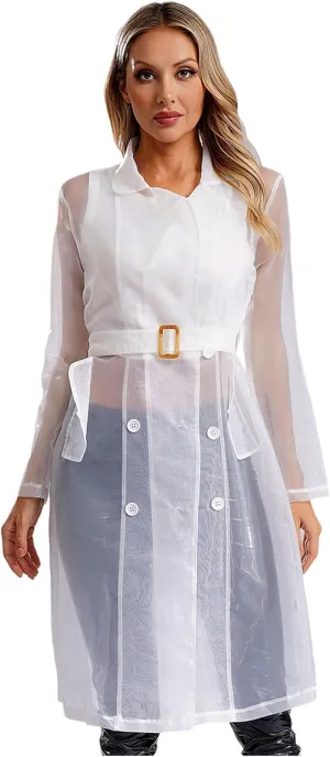 JEYPINMI Womens Long Sleeves Notch Lapel Double-Breasted Thin Mesh Long Organza Jackets Casual Trench Coats