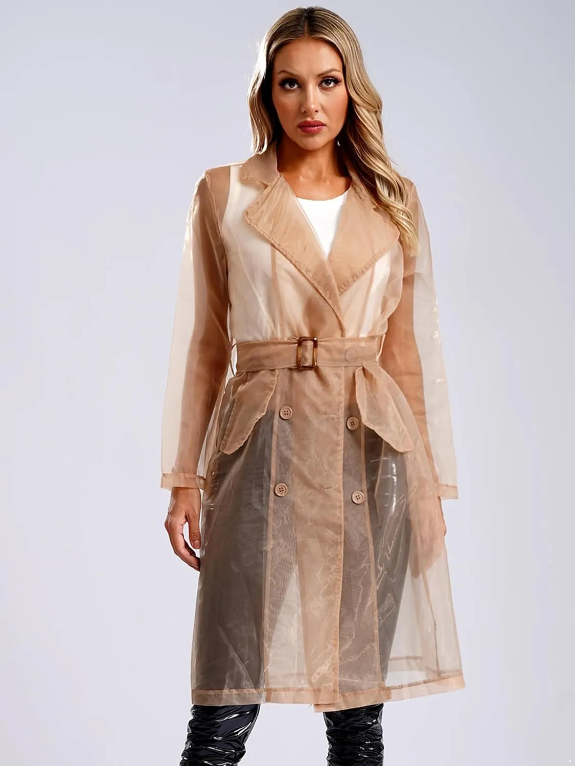 JEYPINMI Womens Long Sleeves Notch Lapel Double-Breasted Thin Mesh Long Organza Jackets Casual Trench Coats