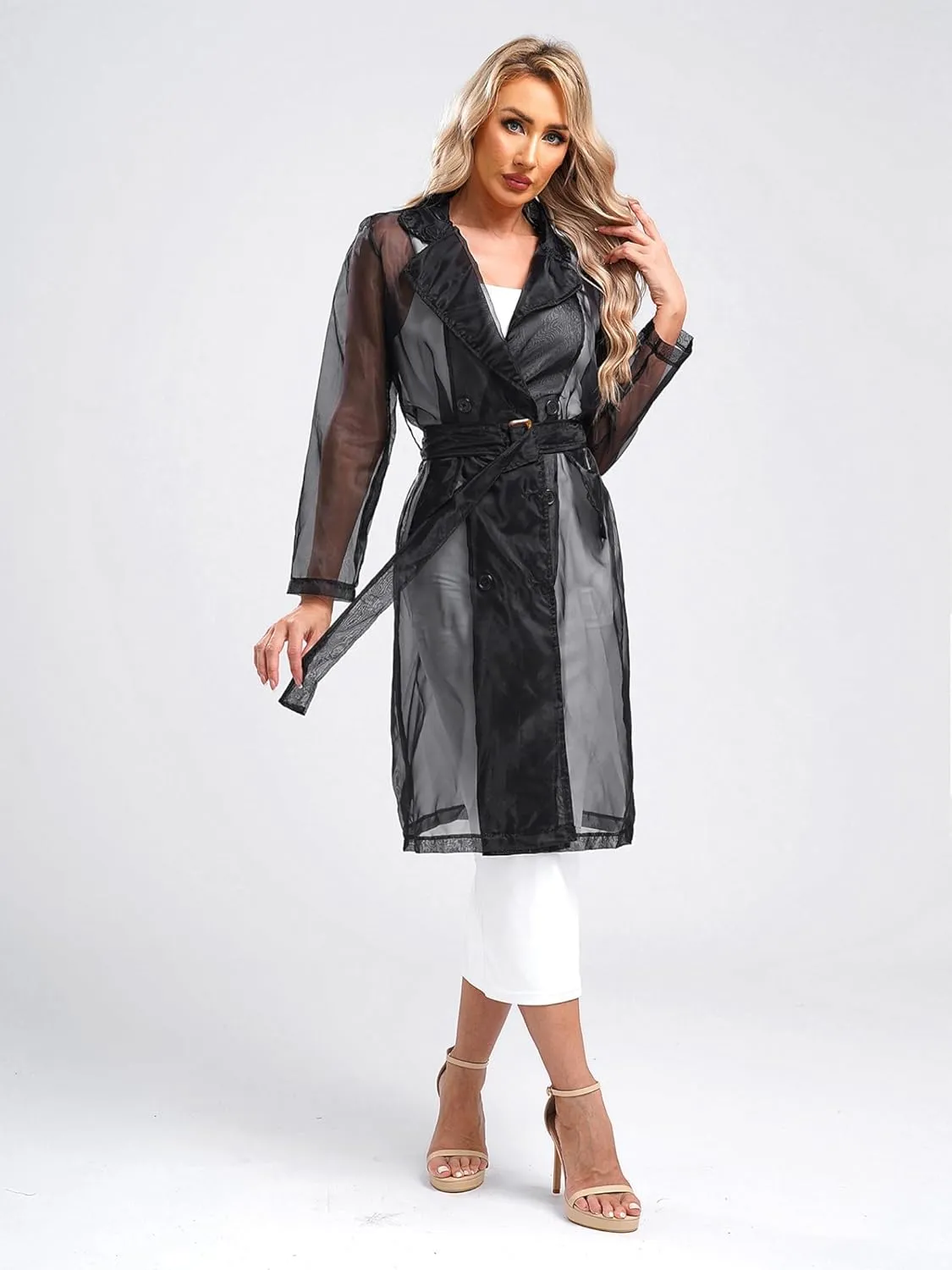 JEYPINMI Womens Long Sleeves Notch Lapel Double-Breasted Thin Mesh Long Organza Jackets Casual Trench Coats