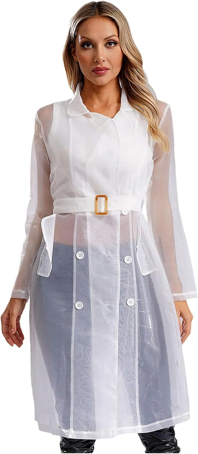 JEYPINMI Womens Long Sleeves Notch Lapel Double-Breasted Thin Mesh Long Organza Jackets Casual Trench Coats