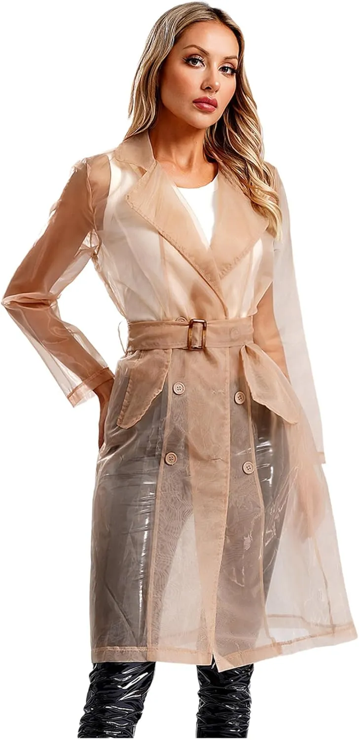 JEYPINMI Womens Long Sleeves Notch Lapel Double-Breasted Thin Mesh Long Organza Jackets Casual Trench Coats