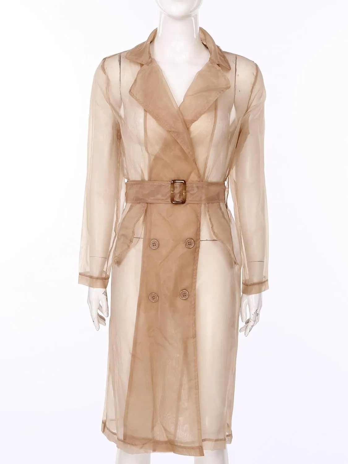 JEYPINMI Womens Long Sleeves Notch Lapel Double-Breasted Thin Mesh Long Organza Jackets Casual Trench Coats