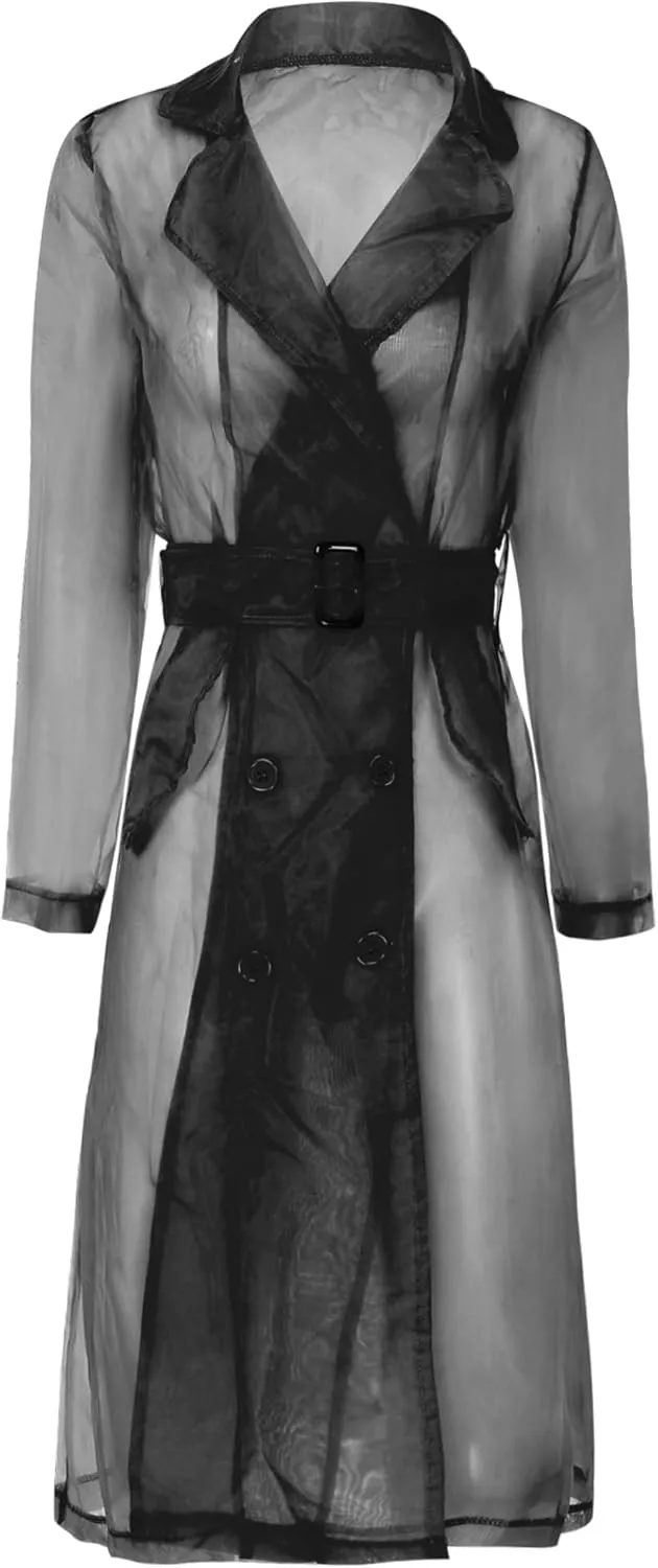 JEYPINMI Womens Long Sleeves Notch Lapel Double-Breasted Thin Mesh Long Organza Jackets Casual Trench Coats