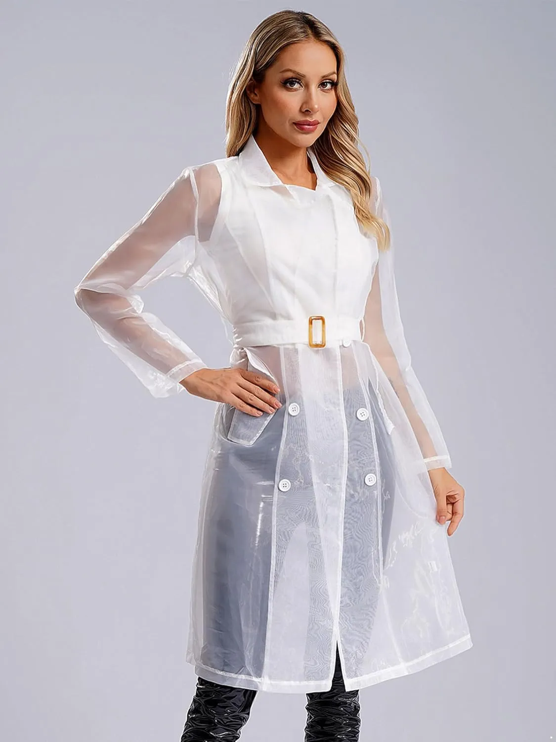 JEYPINMI Womens Long Sleeves Notch Lapel Double-Breasted Thin Mesh Long Organza Jackets Casual Trench Coats