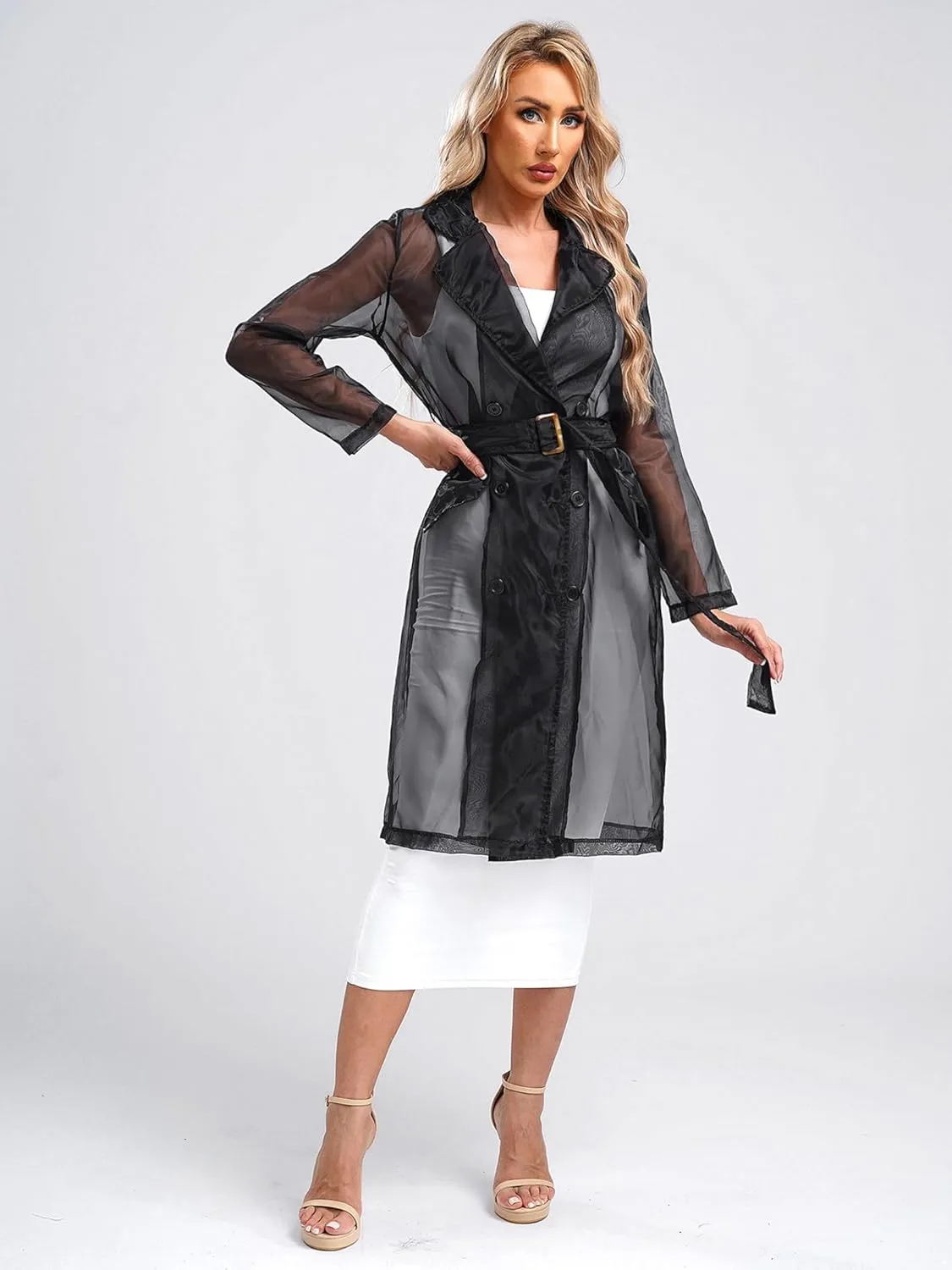 JEYPINMI Womens Long Sleeves Notch Lapel Double-Breasted Thin Mesh Long Organza Jackets Casual Trench Coats