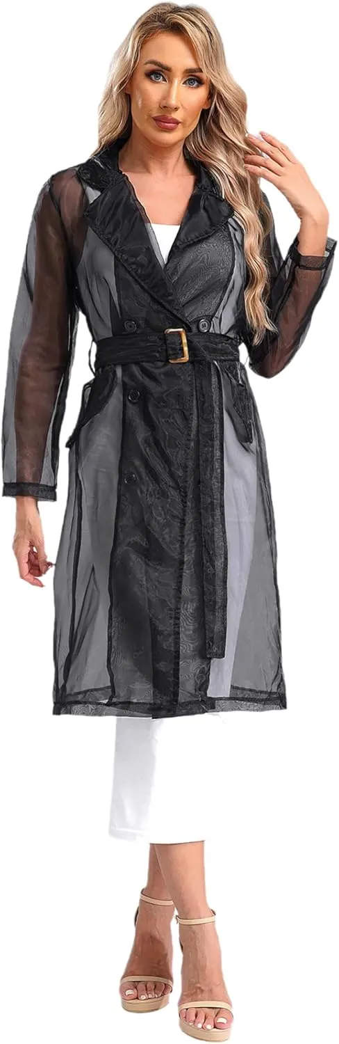 JEYPINMI Womens Long Sleeves Notch Lapel Double-Breasted Thin Mesh Long Organza Jackets Casual Trench Coats