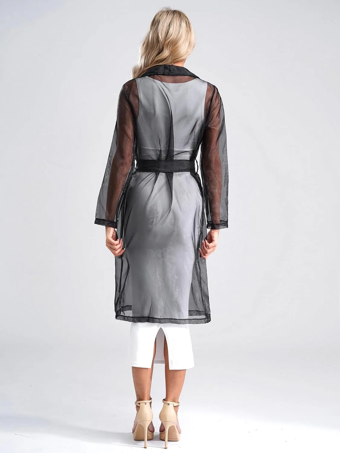 JEYPINMI Womens Long Sleeves Notch Lapel Double-Breasted Thin Mesh Long Organza Jackets Casual Trench Coats