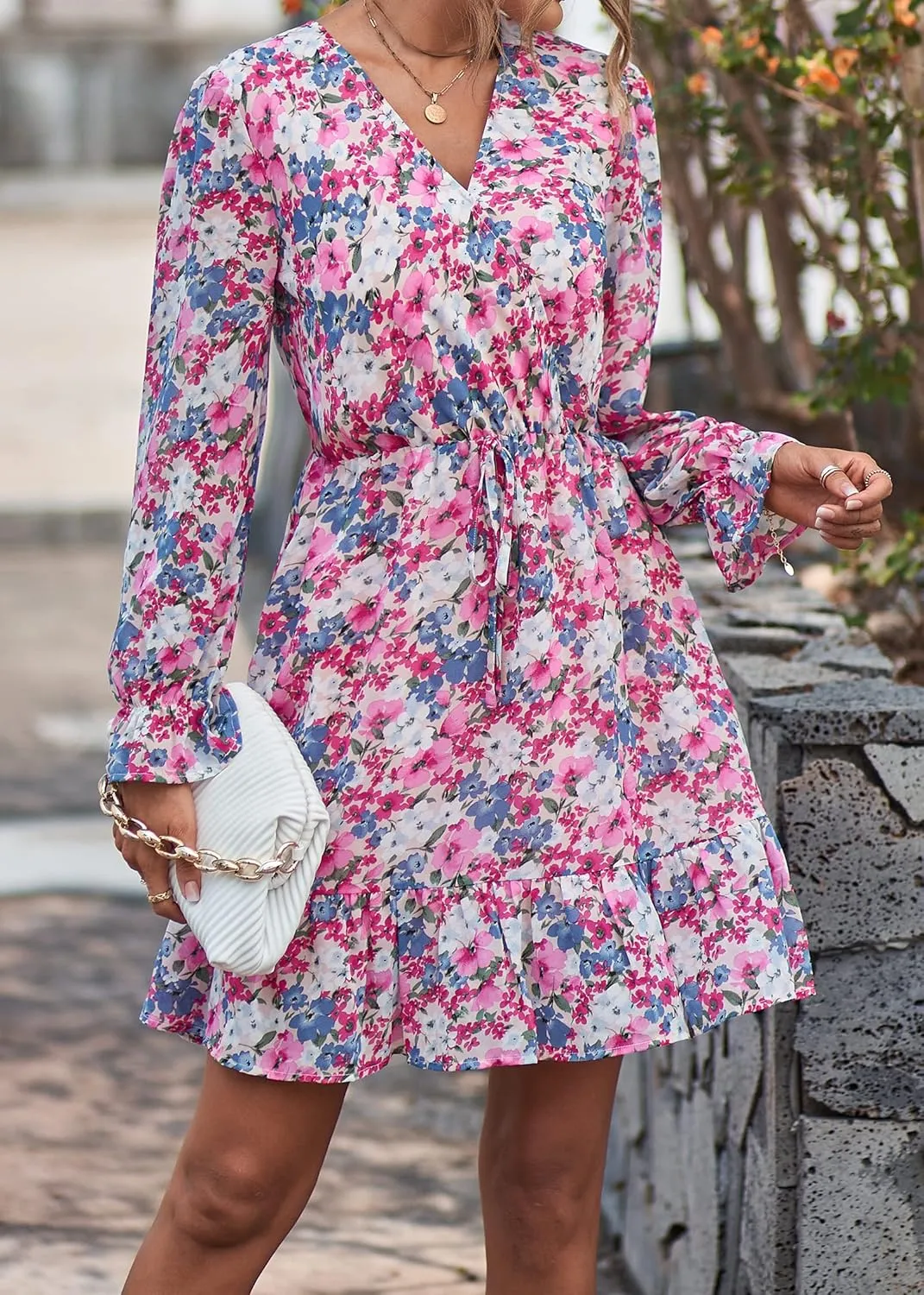 KIRUNDO Women Casual Summer Fall Dresses Long Sleeve Floral Wrap V Neck High Waist Ruffle Tiered A Line Flowy Mini Dress