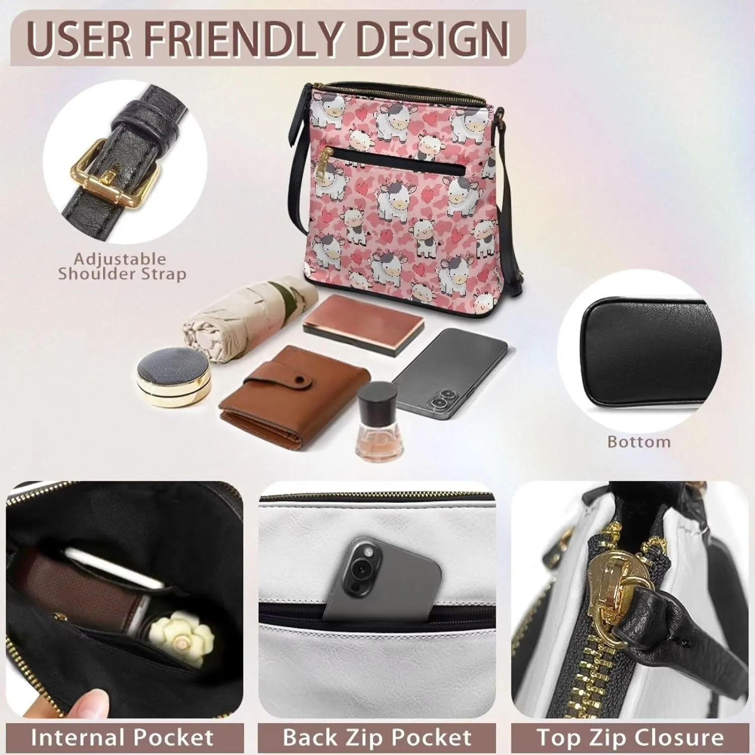 Leather Shoulder Bag with Smooth Zipper for Women Ladies Daily Use