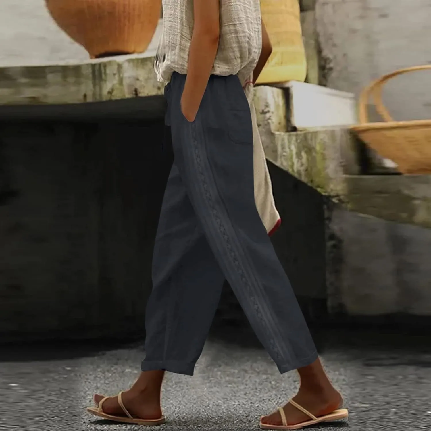 Linen Pants for Women, Peasant Pants Straight Leg Casual Linen Stripe Comfy