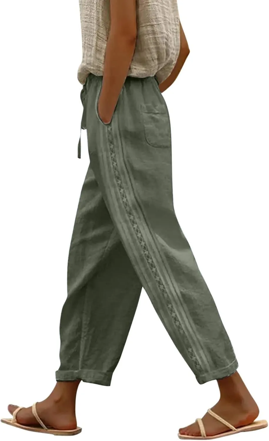 Linen Pants for Women, Peasant Pants Straight Leg Casual Linen Stripe Comfy