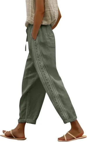 Linen Pants for Women, Peasant Pants Straight Leg Casual Linen Stripe Comfy