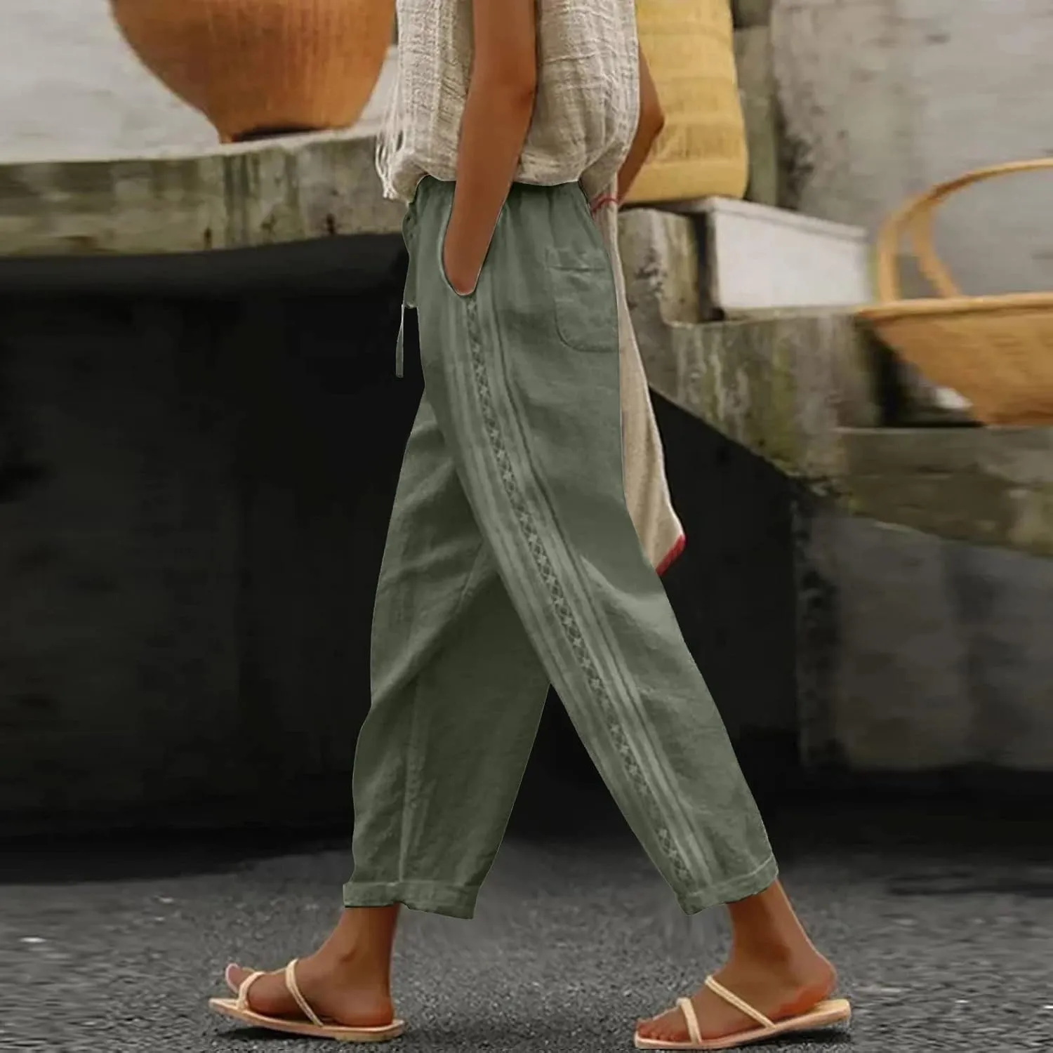 Linen Pants for Women, Peasant Pants Straight Leg Casual Linen Stripe Comfy
