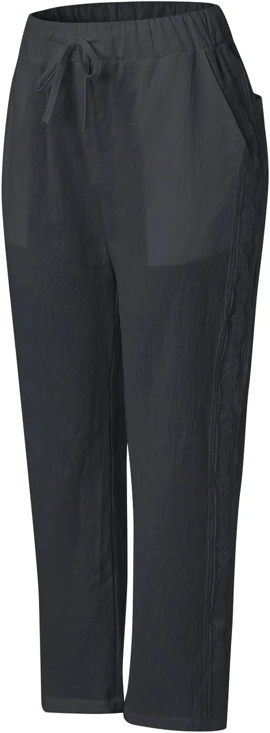 Linen Pants for Women, Peasant Pants Straight Leg Casual Linen Stripe Comfy