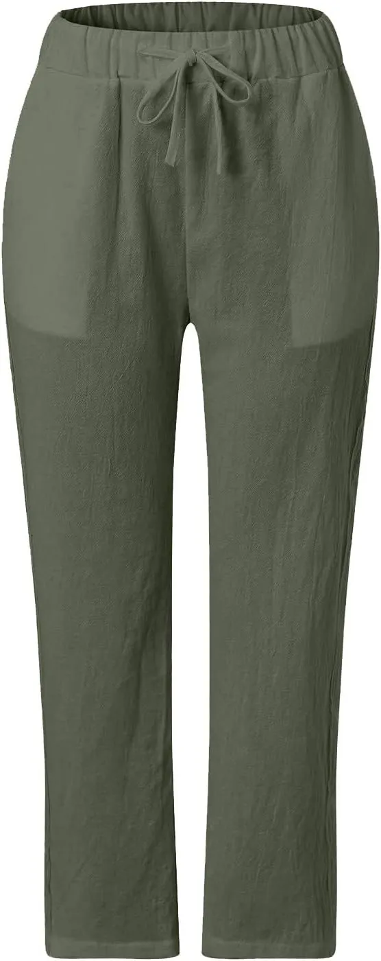 Linen Pants for Women, Peasant Pants Straight Leg Casual Linen Stripe Comfy