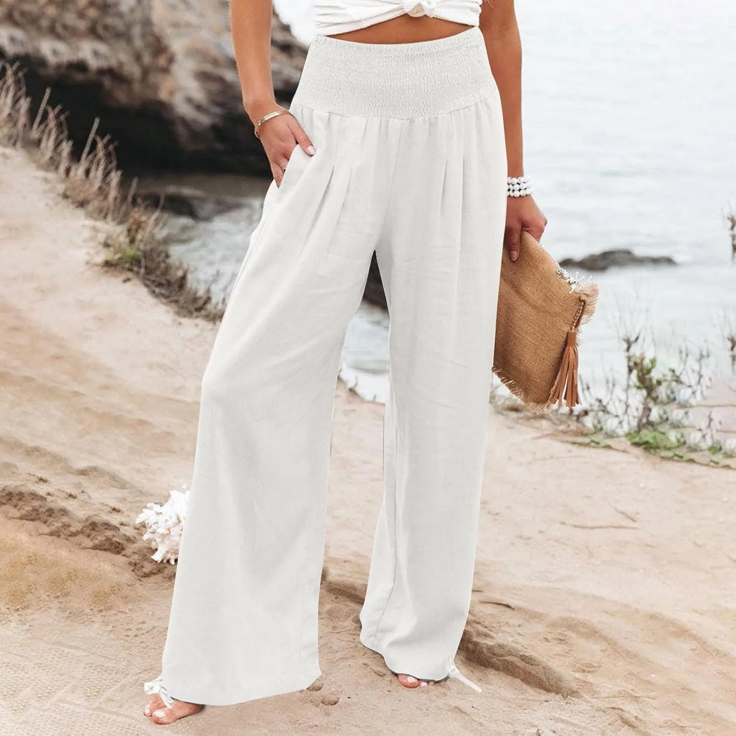 Linen Pants Women 2024 Summer Comfy Elastic High Waist Wide Leg Trousers Drawstring Hem Palazzo Pants with Pockets