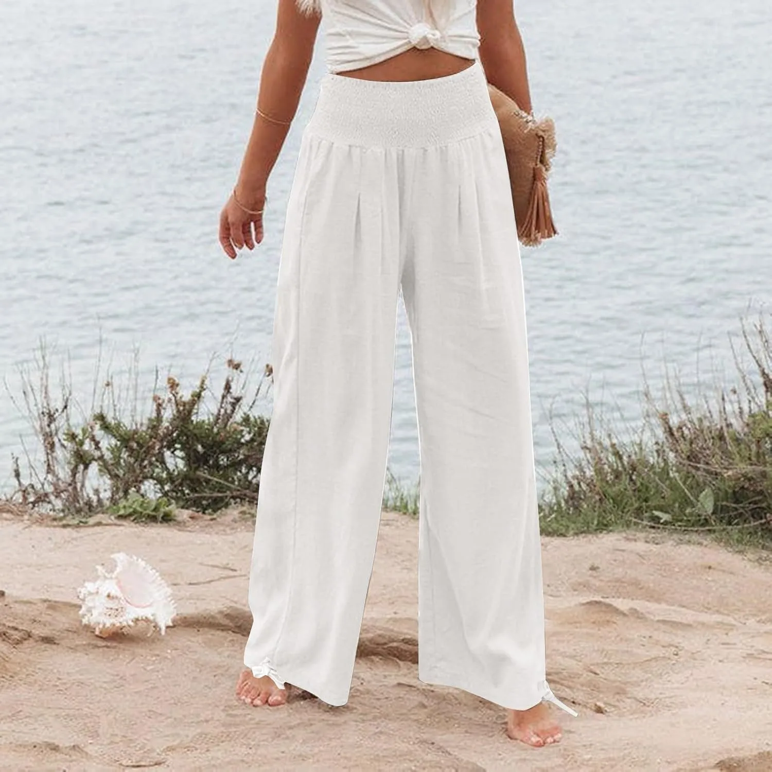 Linen Pants Women 2024 Summer Comfy Elastic High Waist Wide Leg Trousers Drawstring Hem Palazzo Pants with Pockets