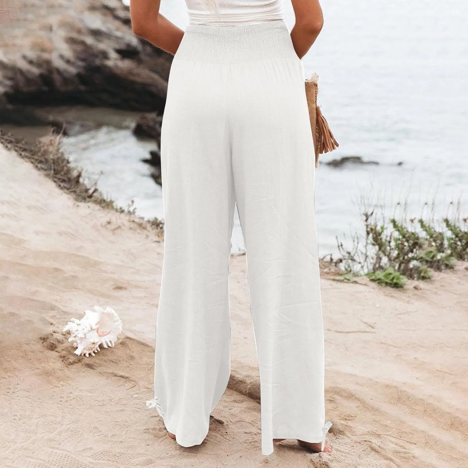 Linen Pants Women 2024 Summer Comfy Elastic High Waist Wide Leg Trousers Drawstring Hem Palazzo Pants with Pockets