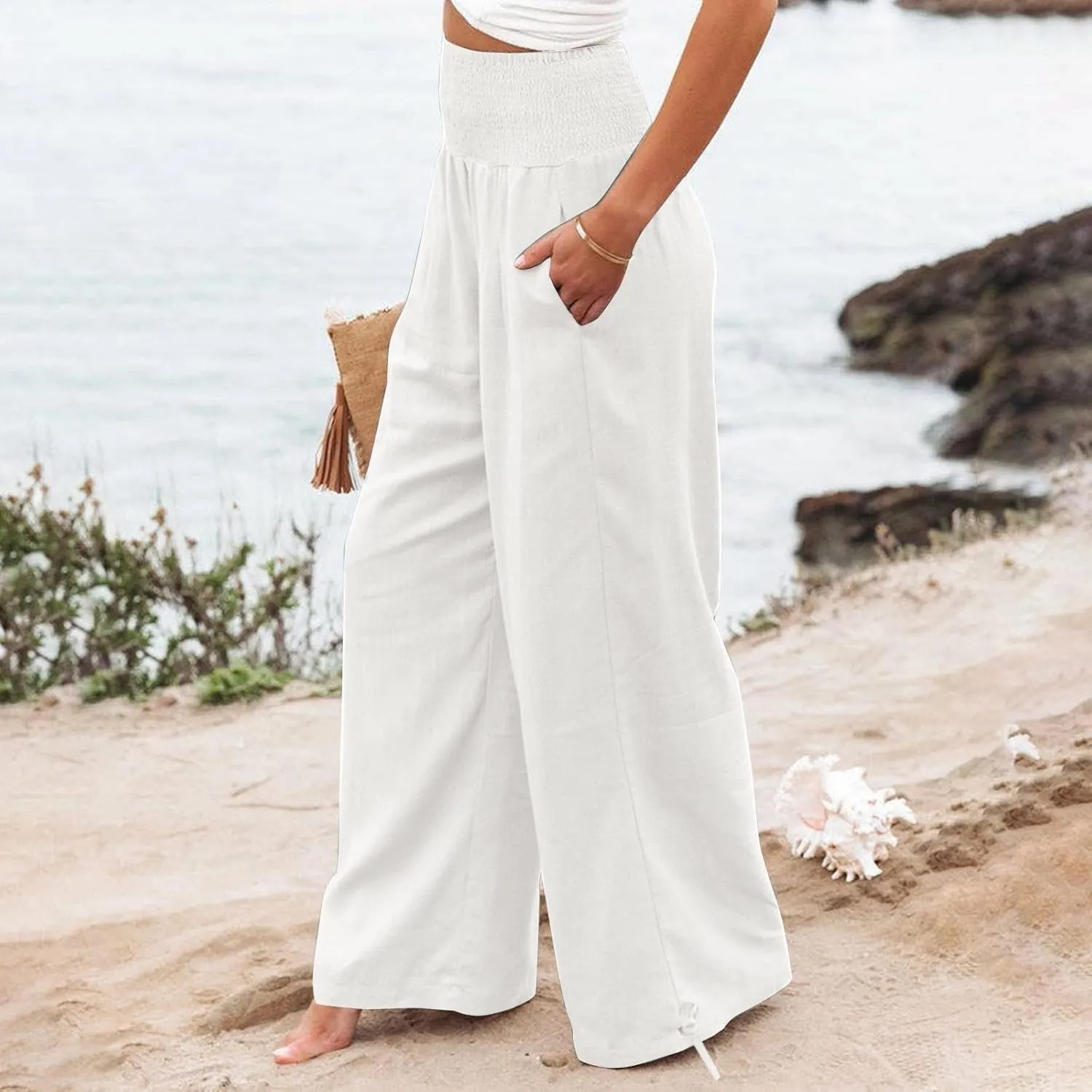 Linen Pants Women 2024 Summer Comfy Elastic High Waist Wide Leg Trousers Drawstring Hem Palazzo Pants with Pockets