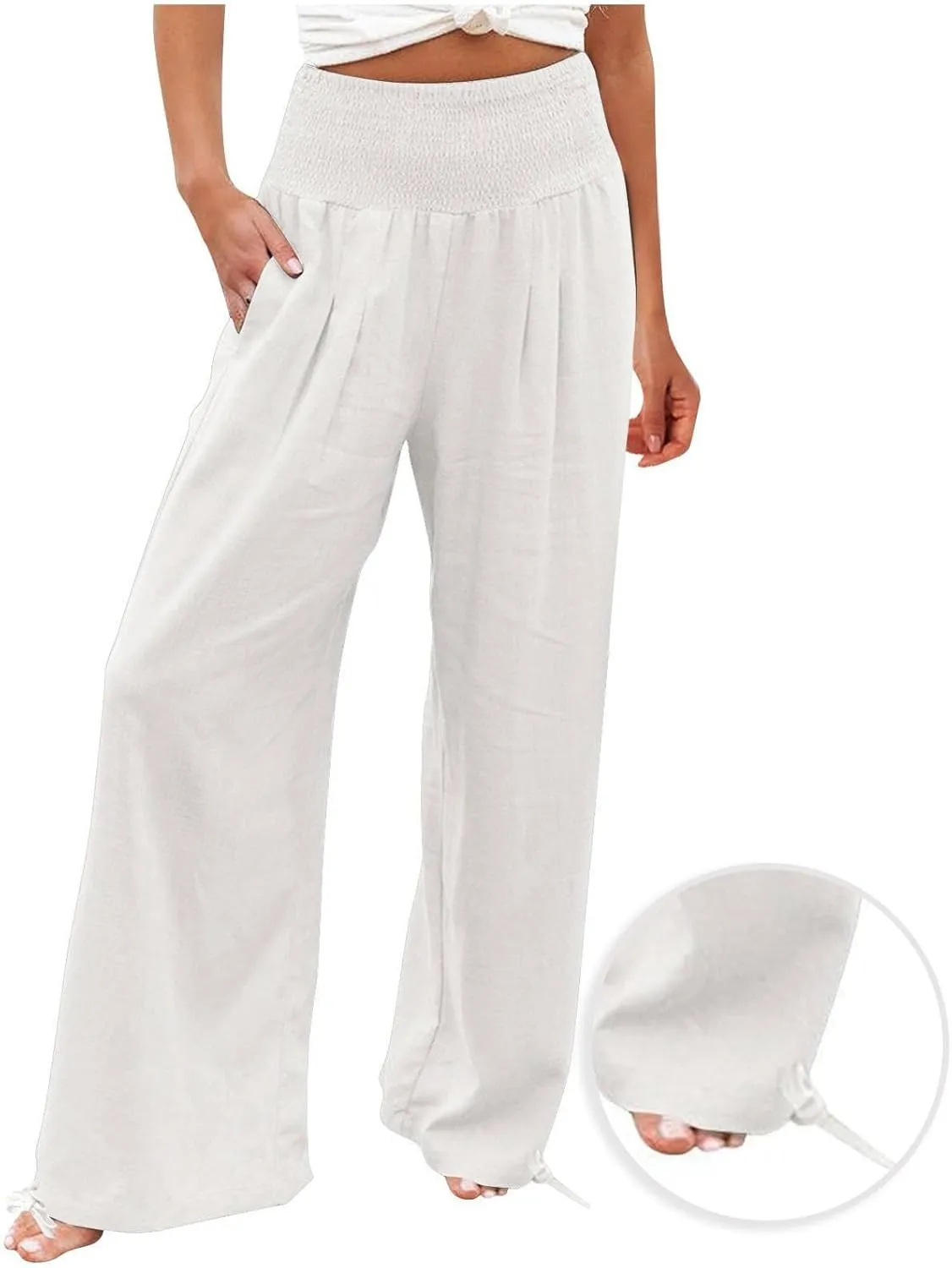 Linen Pants Women 2024 Summer Comfy Elastic High Waist Wide Leg Trousers Drawstring Hem Palazzo Pants with Pockets