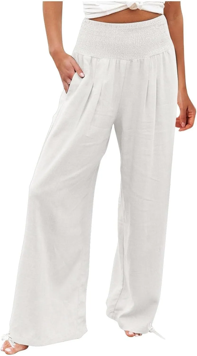 Linen Pants Women 2024 Summer Comfy Elastic High Waist Wide Leg Trousers Drawstring Hem Palazzo Pants with Pockets