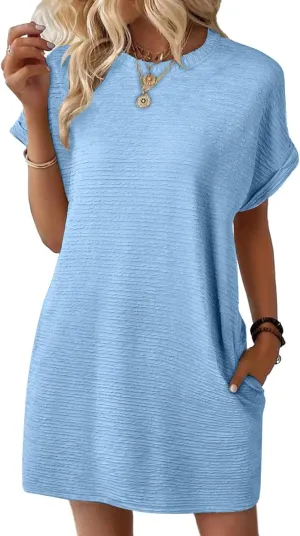 Loose Dress for Women Short Sleeve Crew Neck Smooth Elegant Chiffon Mini Crop Dresses Summer Beach Dress 2025