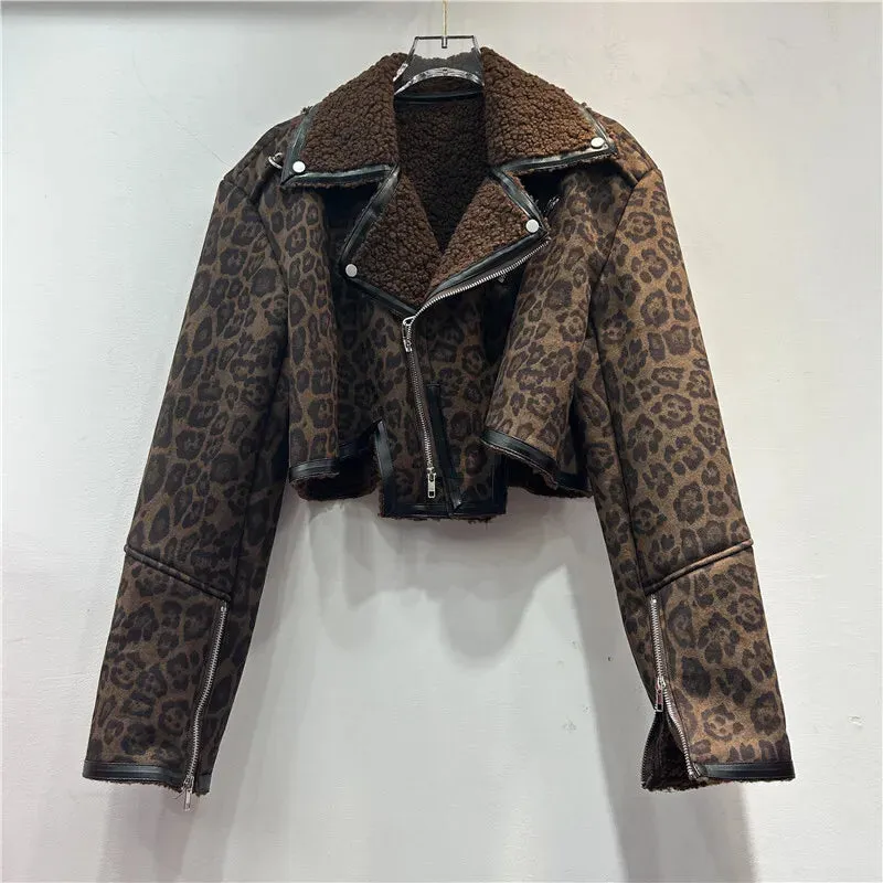 LVSANW [EWQ] Vintage Style Leopard Print Long Sleeve Coffee Coat Faux Fur Jacket Streetwear Zipper Short Coats Women Winter 2024 Autumn