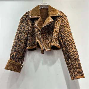 LVSANW [EWQ] Vintage Style Leopard Print Long Sleeve Coffee Coat Faux Fur Jacket Streetwear Zipper Short Coats Women Winter 2024 Autumn