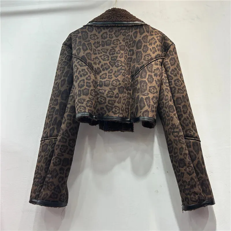 LVSANW [EWQ] Vintage Style Leopard Print Long Sleeve Coffee Coat Faux Fur Jacket Streetwear Zipper Short Coats Women Winter 2024 Autumn