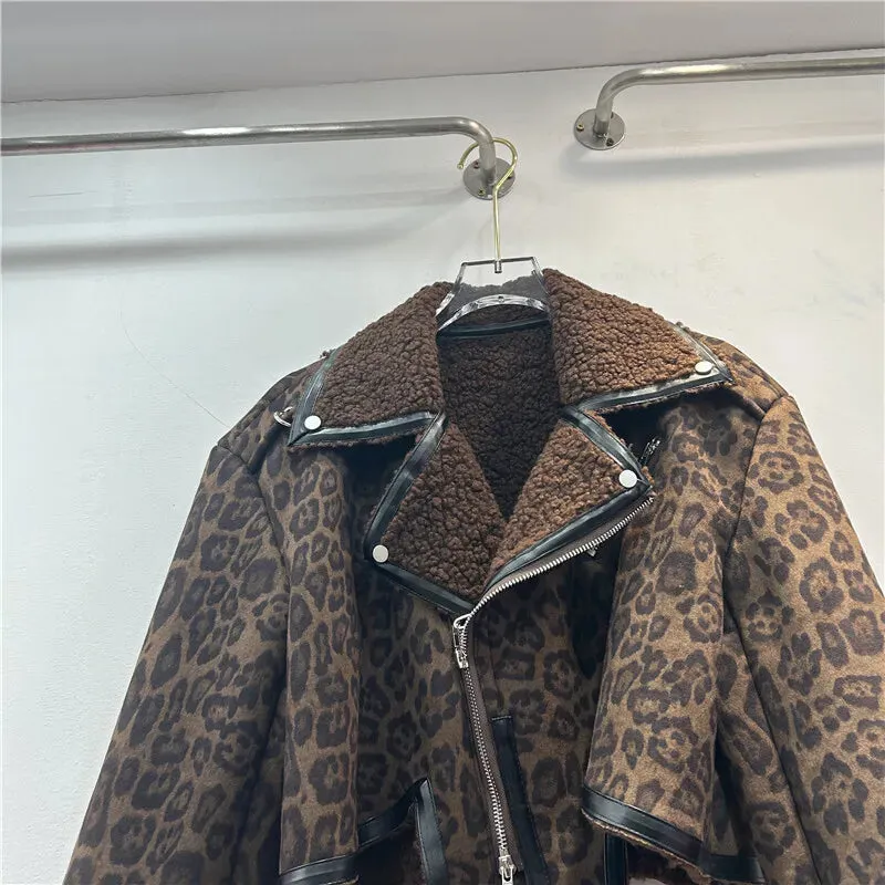 LVSANW [EWQ] Vintage Style Leopard Print Long Sleeve Coffee Coat Faux Fur Jacket Streetwear Zipper Short Coats Women Winter 2024 Autumn