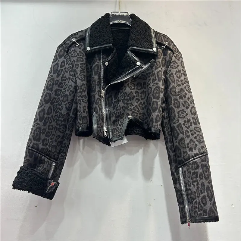 LVSANW [EWQ] Vintage Style Leopard Print Long Sleeve Coffee Coat Faux Fur Jacket Streetwear Zipper Short Coats Women Winter 2024 Autumn