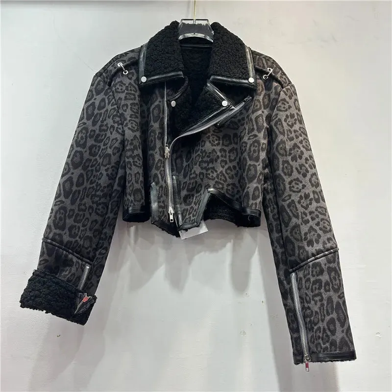 LVSANW [EWQ] Vintage Style Leopard Print Long Sleeve Coffee Coat Faux Fur Jacket Streetwear Zipper Short Coats Women Winter 2024 Autumn