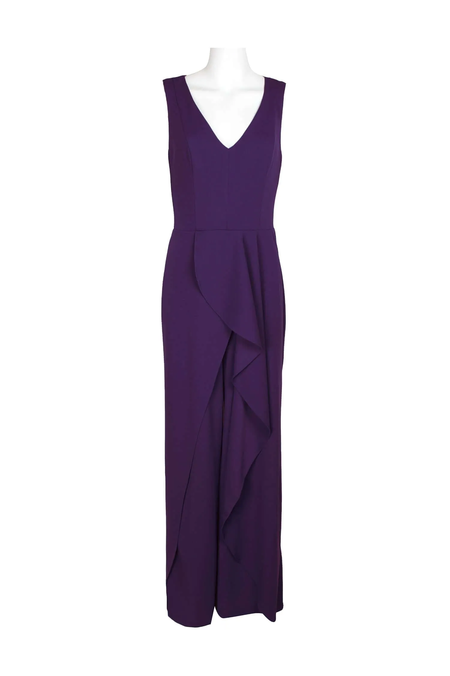 Marina V-Neck Sleeveless Zipper Back Racer Back Ruffled Hem Crepe Jumpsuit
