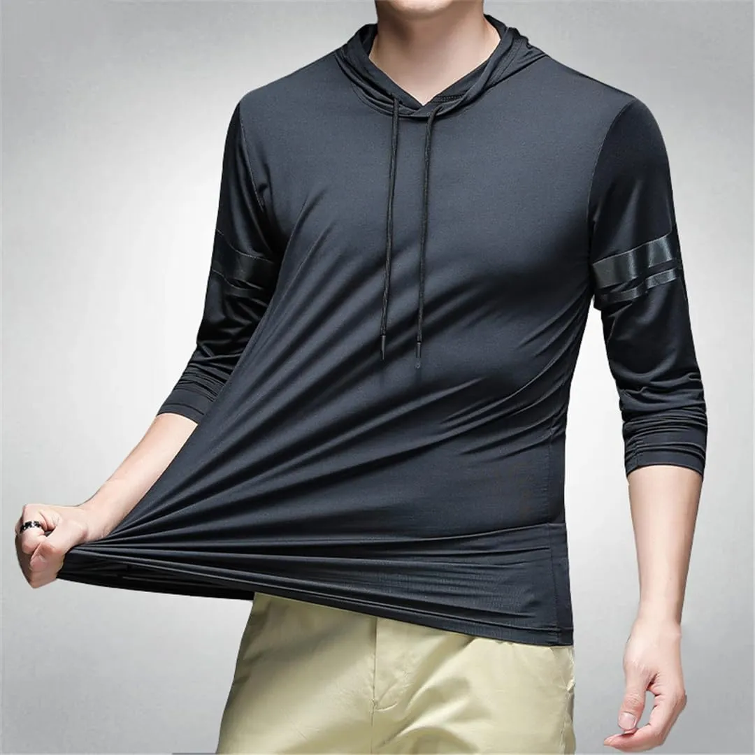 Men Casual Long Sleeve T-Shirts Hooded Thin Quick Dry Breathable Ice Silk Outdoor Tshirts