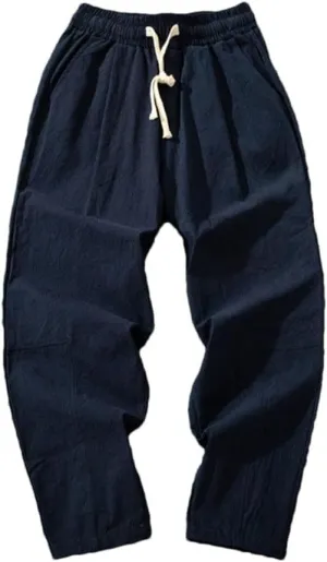 Men Cotton Casual Solid Color Long Pants Breathable Drawstring Straight Harem Trousers