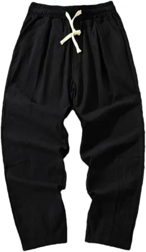 Men Cotton Casual Solid Color Long Pants Breathable Drawstring Straight Harem Trousers
