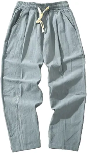 Men Cotton Casual Solid Color Long Pants Breathable Drawstring Straight Harem Trousers