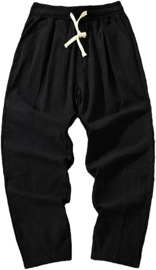 Men Cotton Casual Solid Color Long Pants Breathable Drawstring Straight Harem Trousers