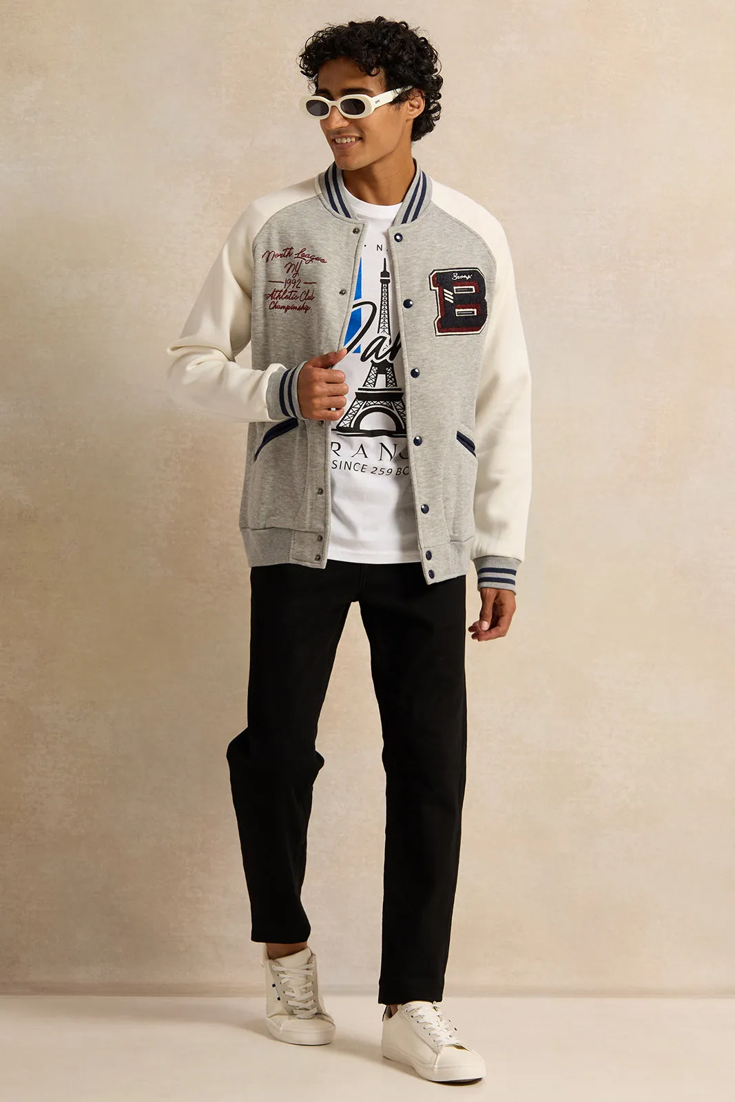 Men Grey Embellished Baseball Jacket