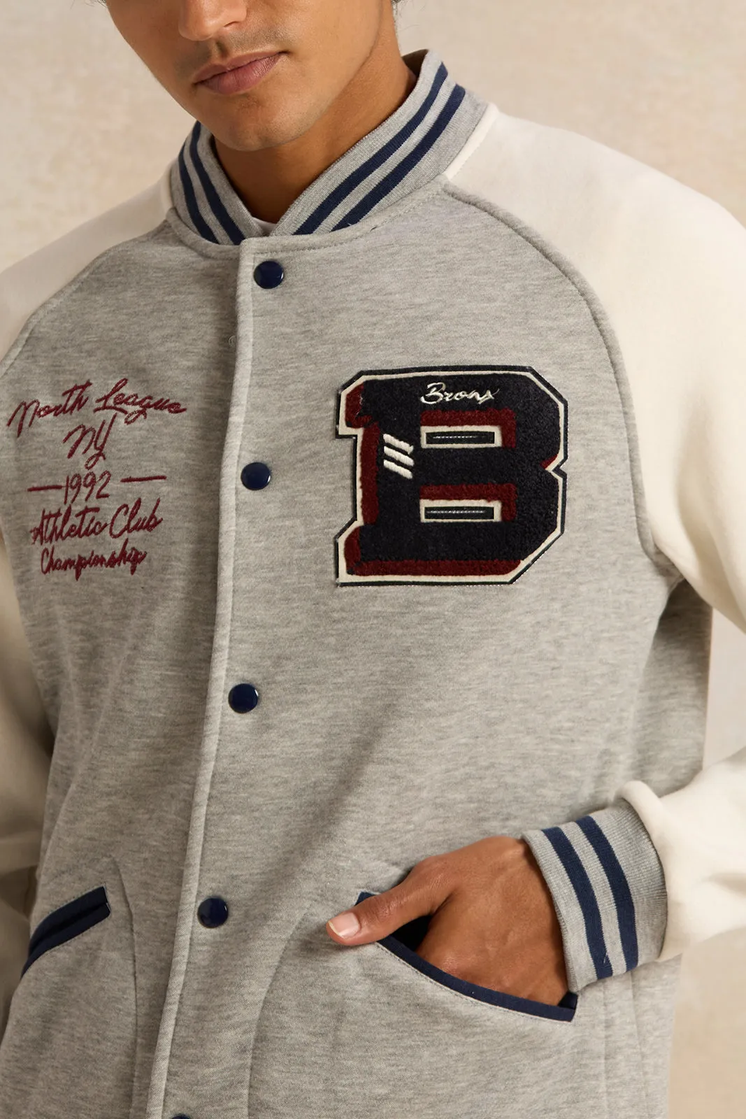 Men Grey Embellished Baseball Jacket