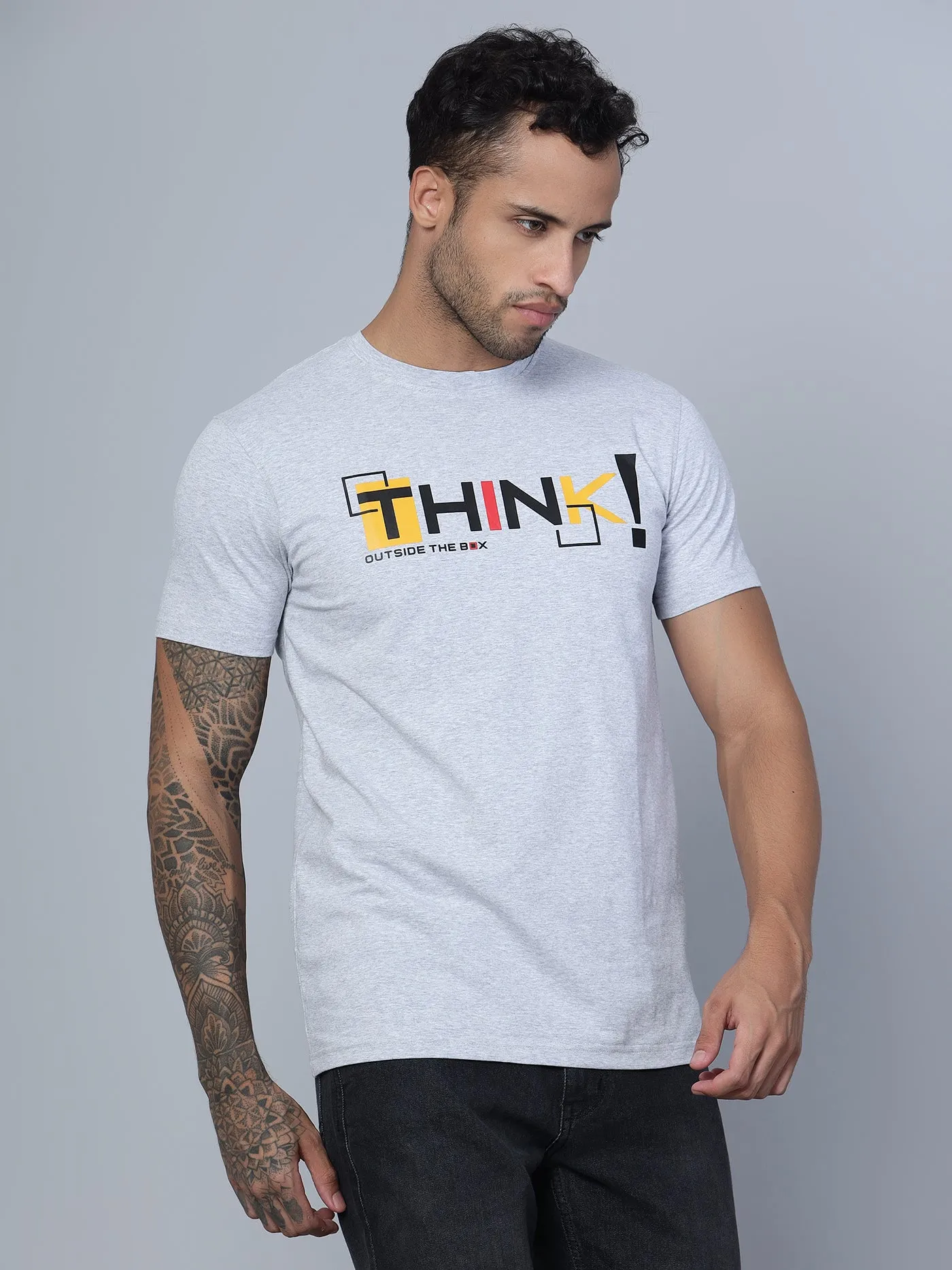 Men Round Neck Grey T-Shirt