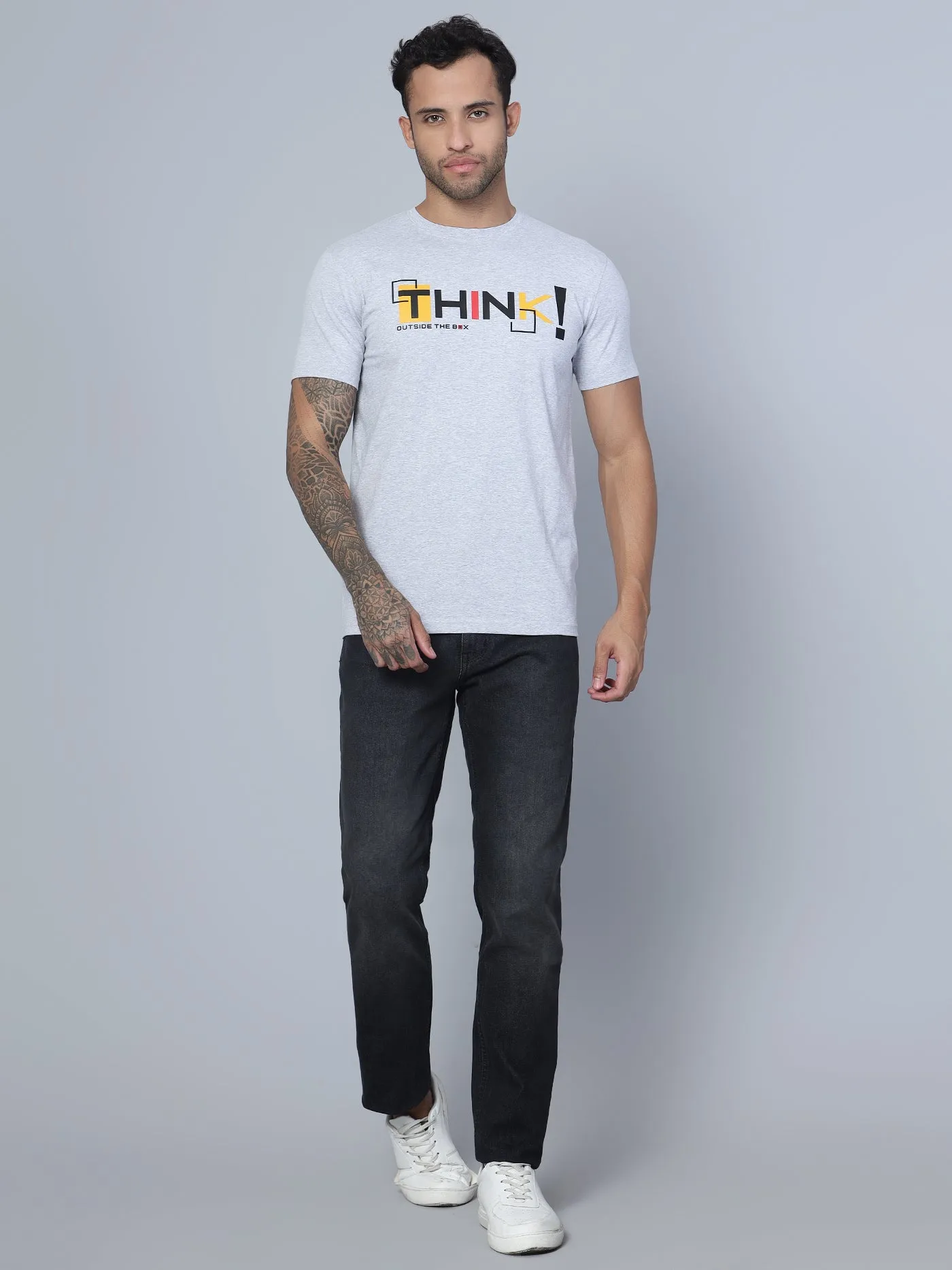 Men Round Neck Grey T-Shirt