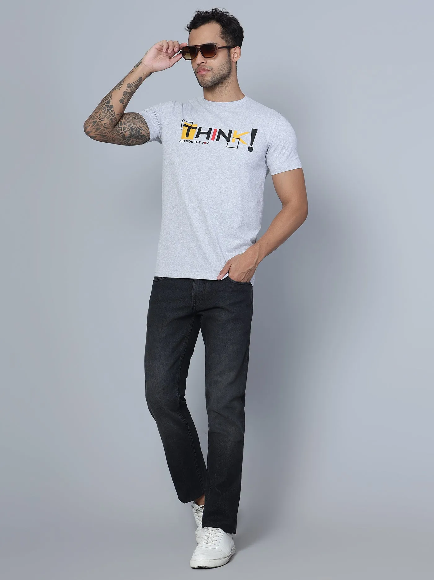 Men Round Neck Grey T-Shirt