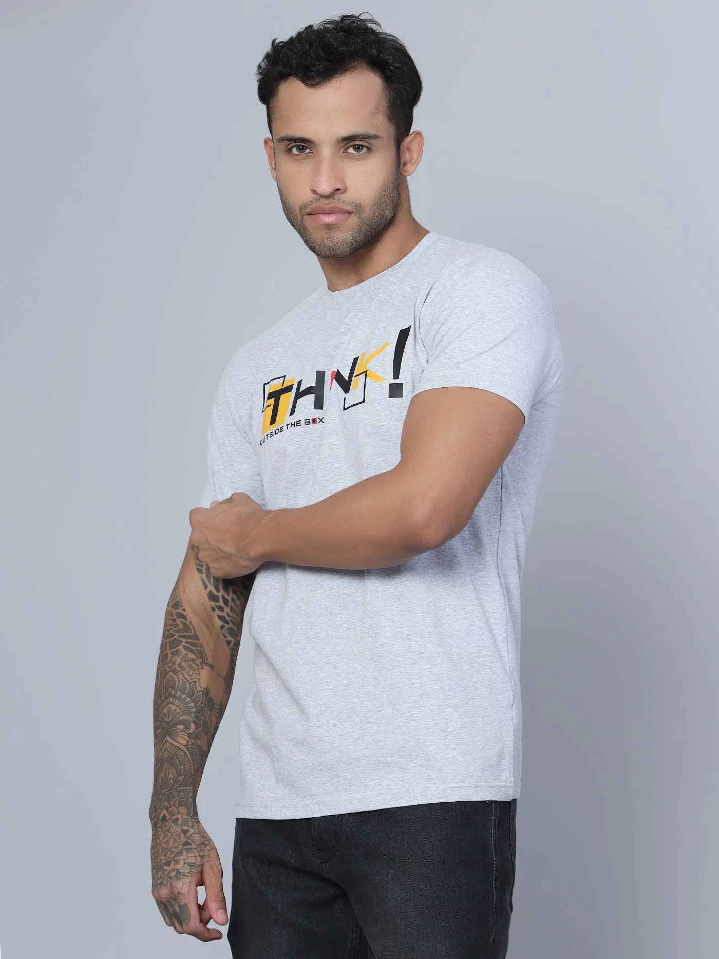 Men Round Neck Grey T-Shirt