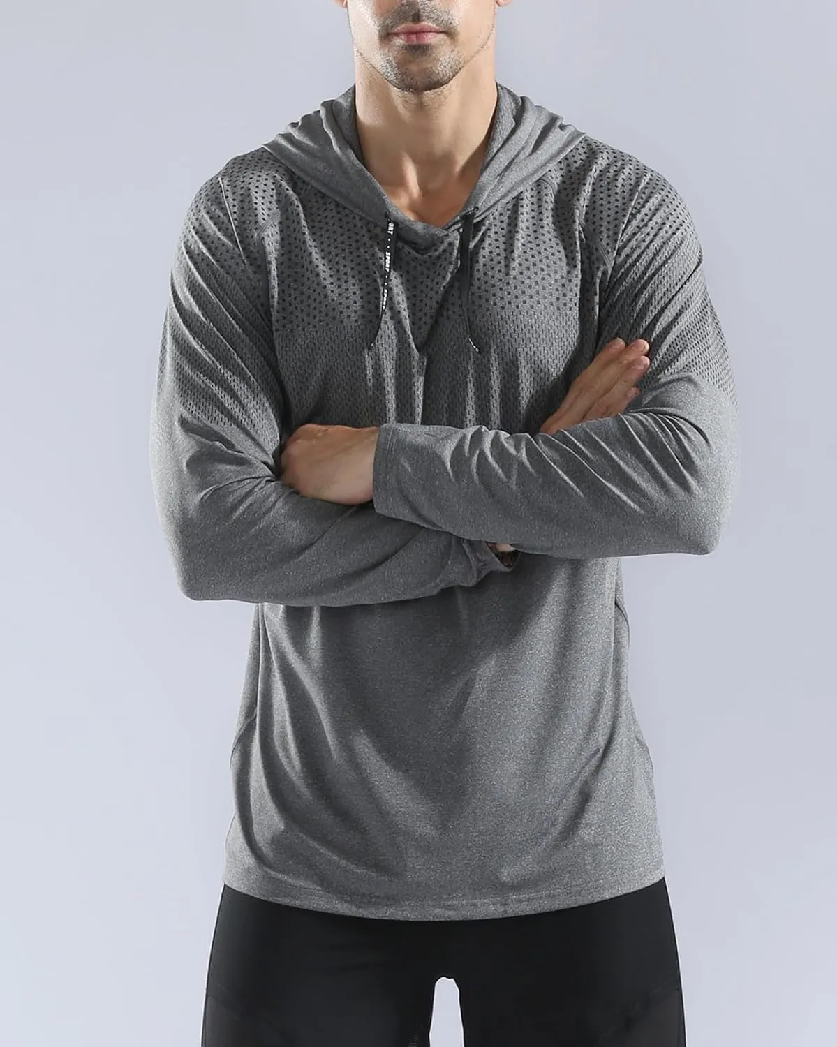 Mens Long Sleeve Running Top Sports T Shirts Breathable Quick Dry Hooded Sweatshirt for Workout Cycling Casual