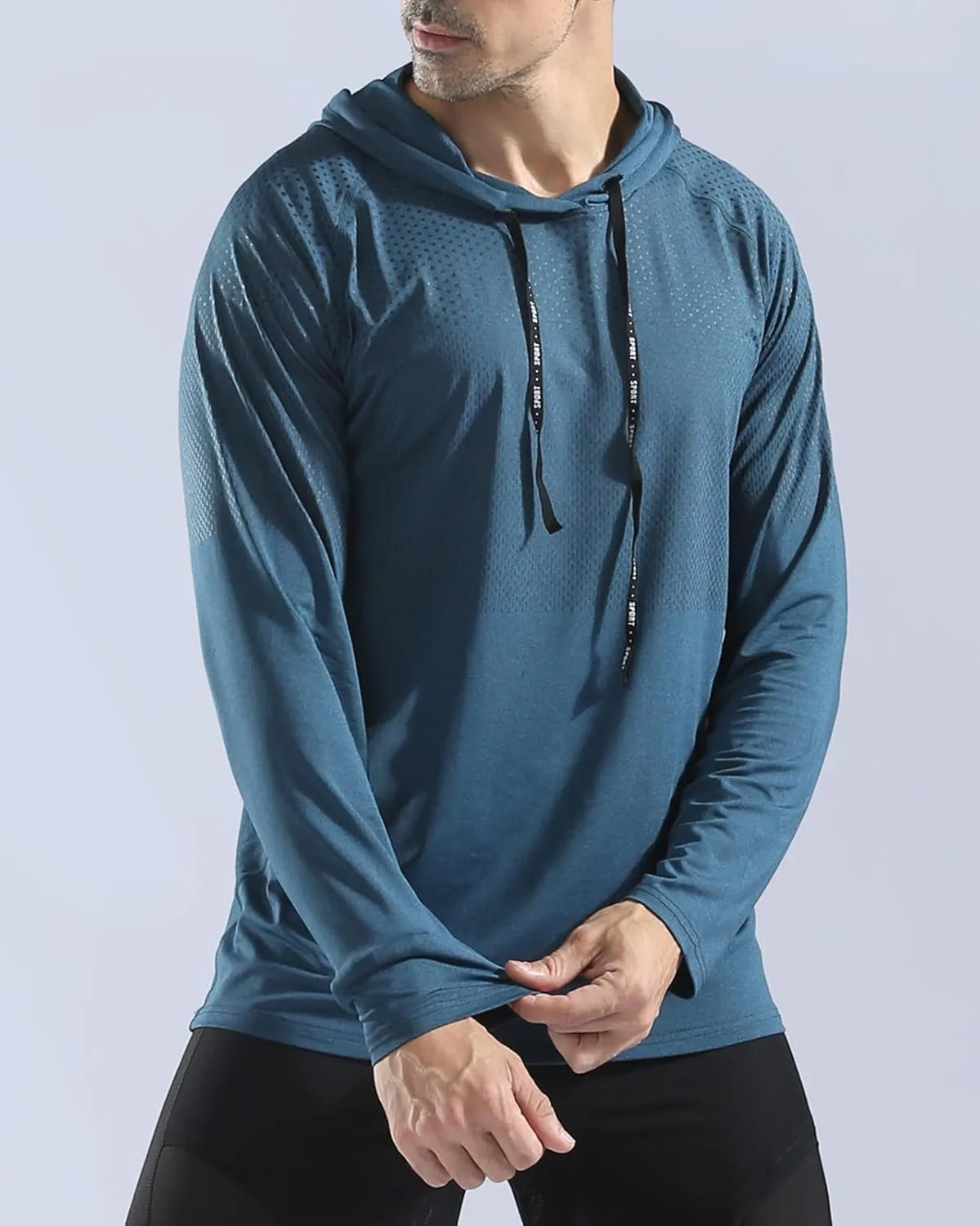 Mens Long Sleeve Running Top Sports T Shirts Breathable Quick Dry Hooded Sweatshirt for Workout Cycling Casual