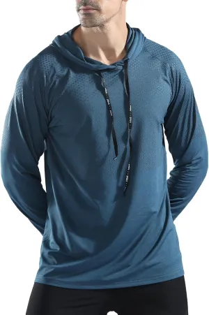 Mens Long Sleeve Running Top Sports T Shirts Breathable Quick Dry Hooded Sweatshirt for Workout Cycling Casual