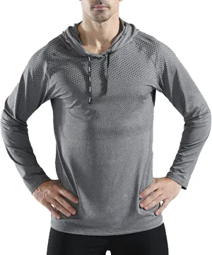 Mens Long Sleeve Running Top Sports T Shirts Breathable Quick Dry Hooded Sweatshirt for Workout Cycling Casual
