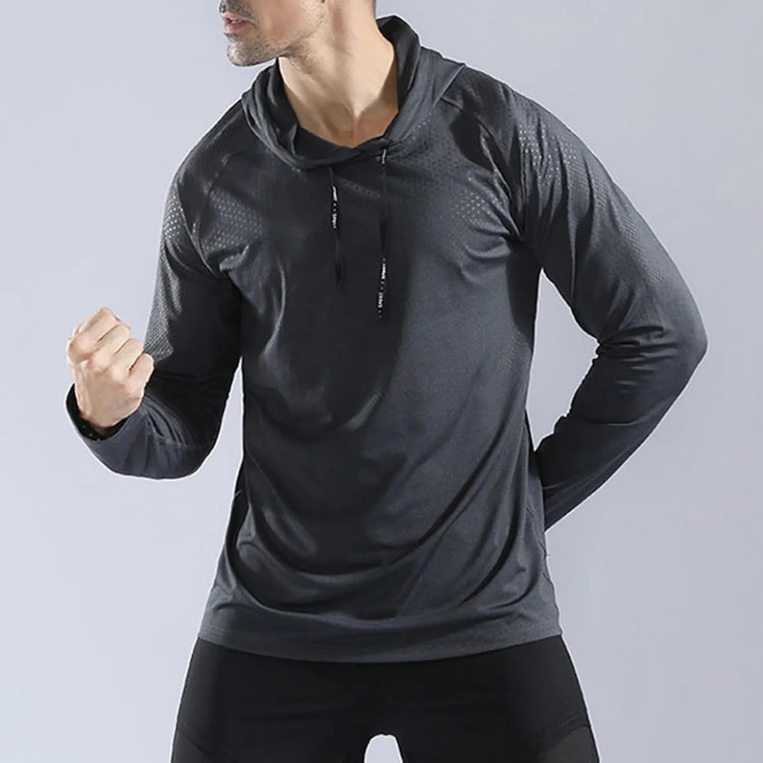 Mens Long Sleeve Running Top Sports T Shirts Breathable Quick Dry Hooded Sweatshirt for Workout Cycling Casual